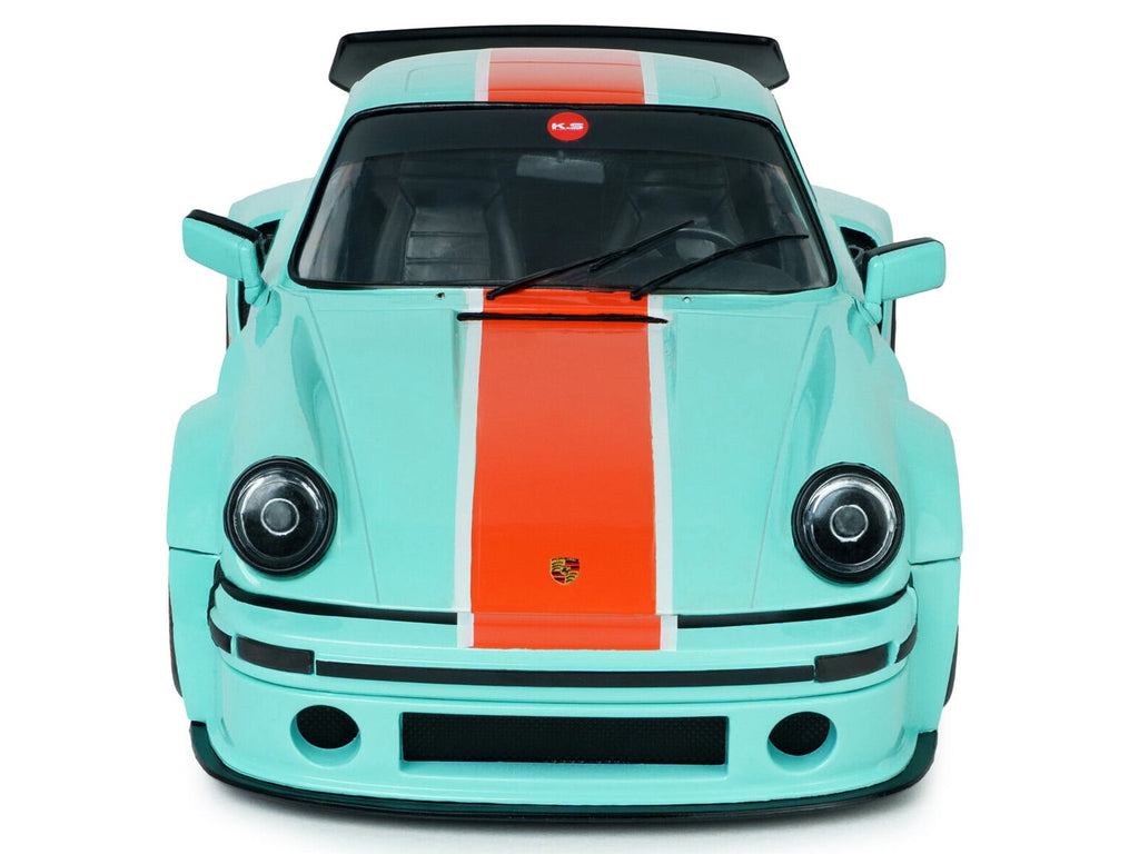 2025 Porsche 911 KS-R by Khyzyl Saleem "Blue Racer" Light Blue with Orange Stripes 1/18 Diecast Model Car by Solido