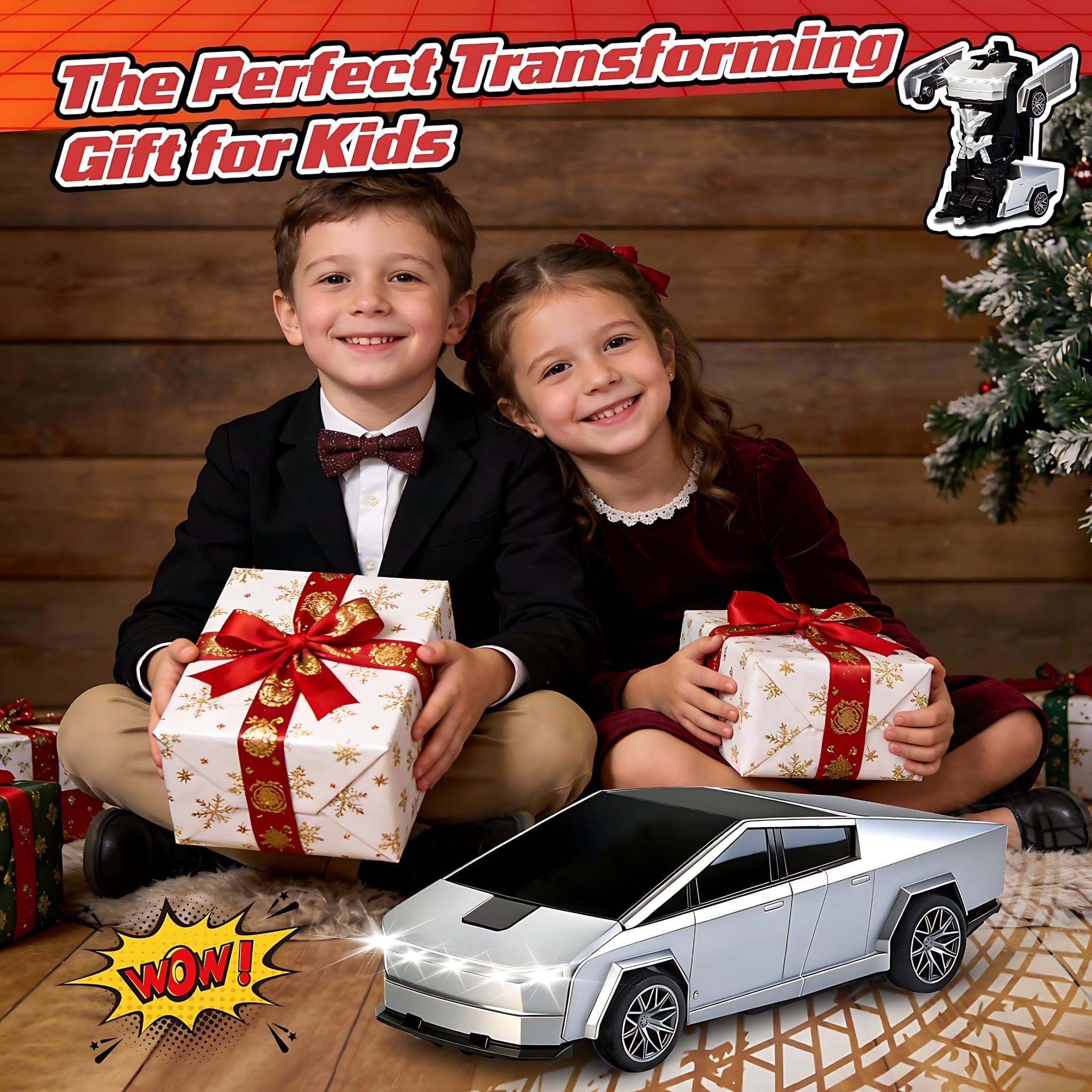 Cyber Truck Pickup Transforming Remote Control Car for Kids, 2.4GHz RC Robot Toy for Boys Age 4-12 with One-Button Deformation and LED Lights