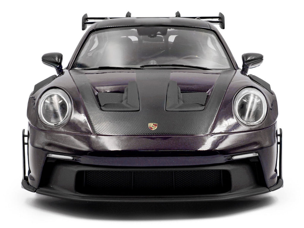 2024 Porsche 911 GT3 RS Weissach Package Viola Purple Metallic with Carbon Hood Stripes and Top 1/18 Diecast Model Car by Solido