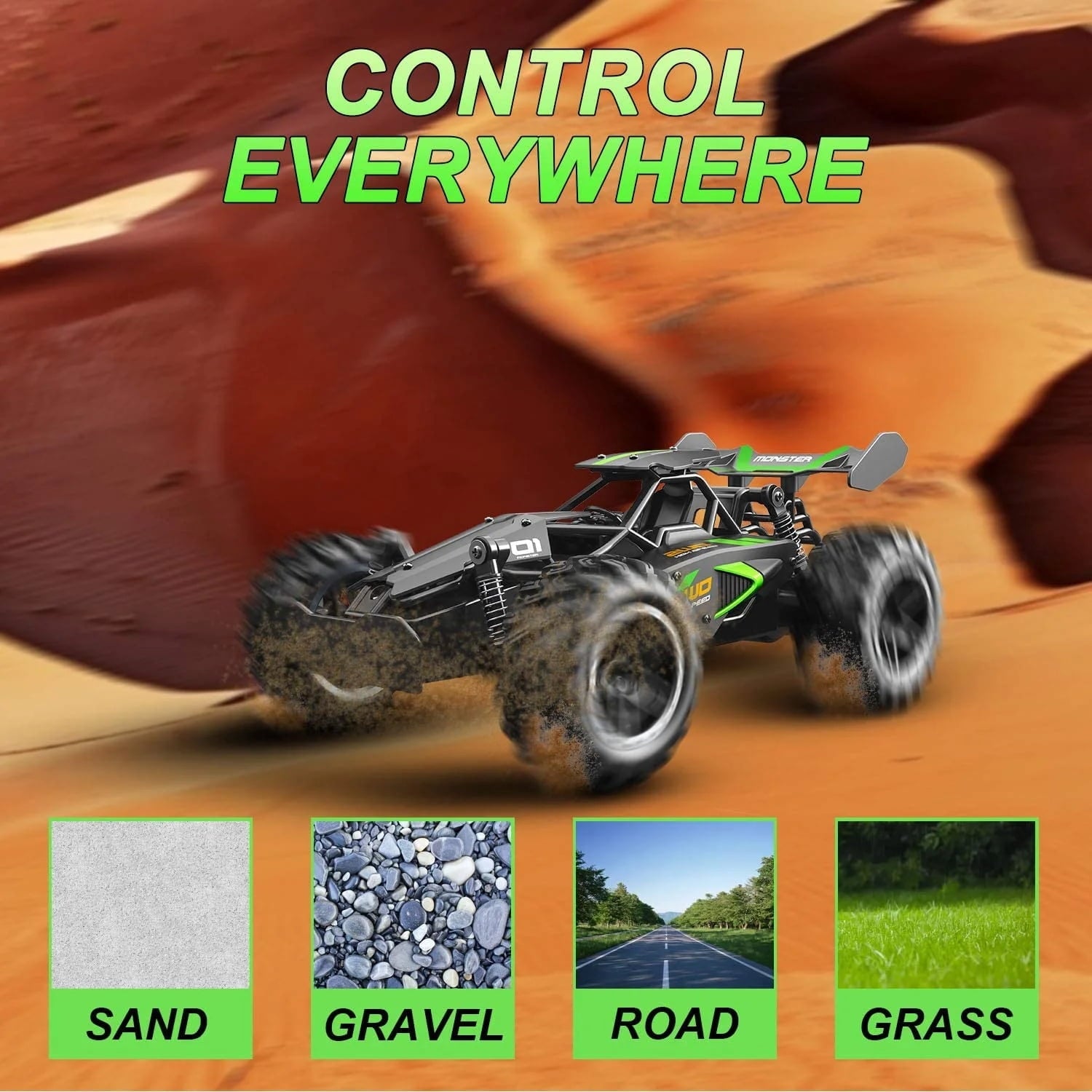 4WD Off-Road RC Car Funtogether Toys, 1:18 Scale High-Speed All-Terrain Remote Control Car for Kids Boys