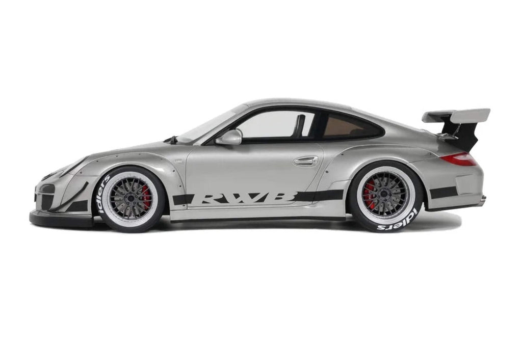 2024 Porsche 911 RWB Abu Silver Metallic with Black Hood 1/18 Model Car by GT Spirit