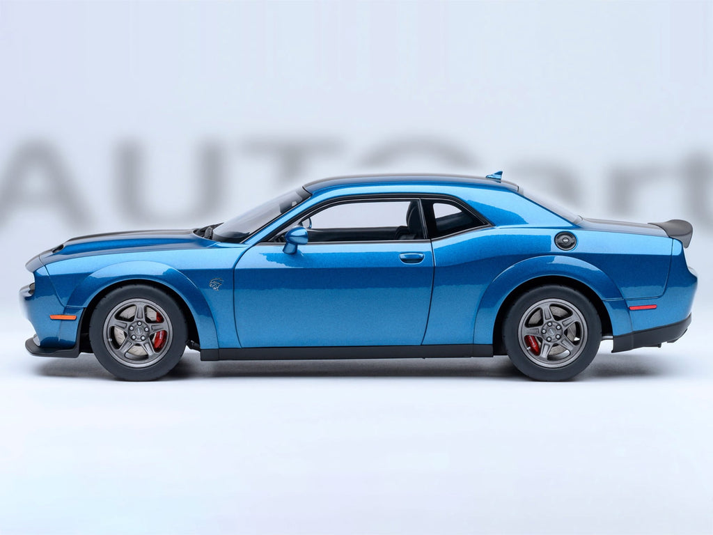 2023 Dodge Challenger SRT Super Stock Frostbite Blue Metallic with Carbon Stripes 1/18 Model Car by Autoart