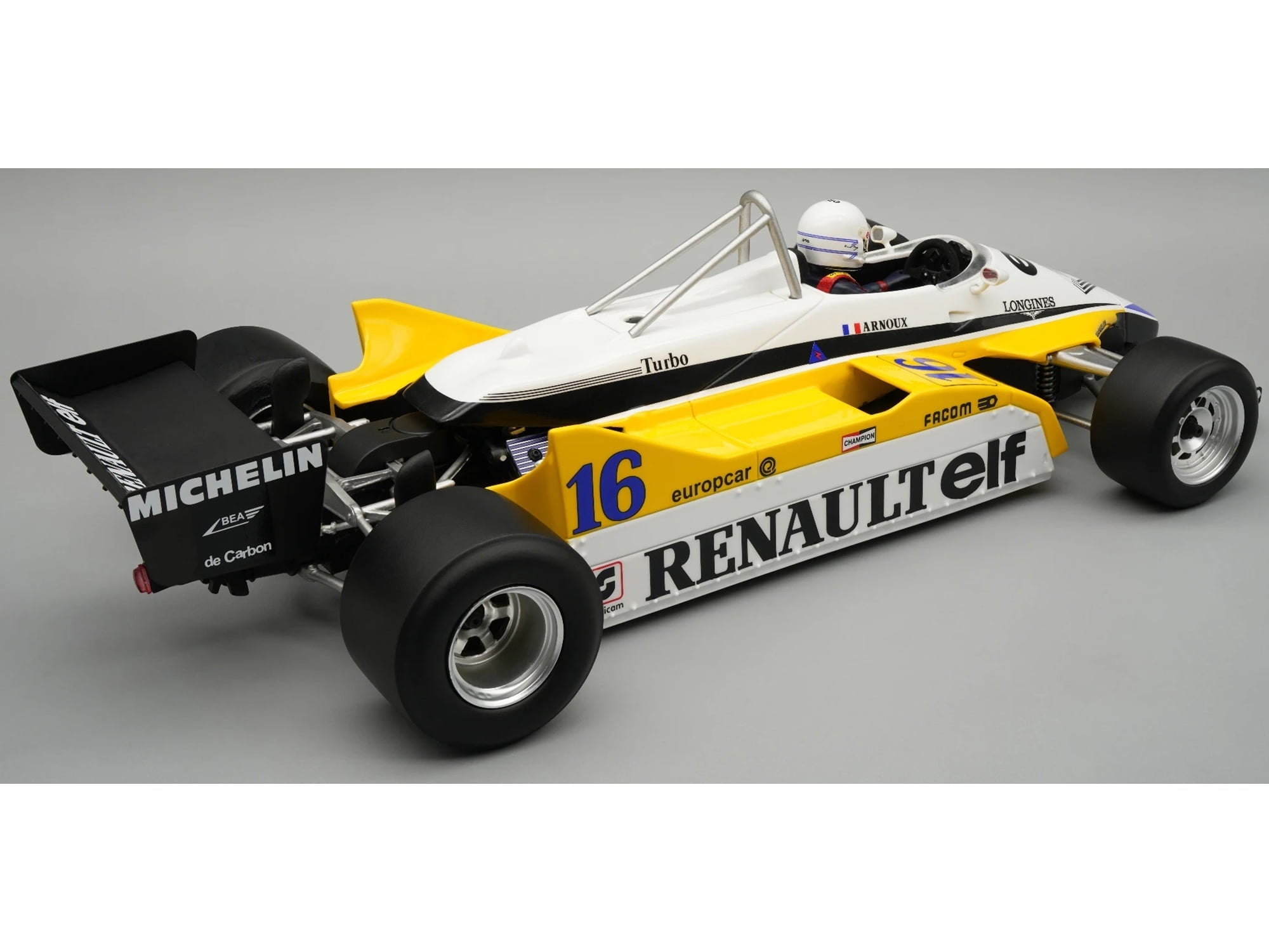 Renault RE30B #16 Winner F1 "French GP" (1982) "Mythos Series" with Driver Figure and Display Case 1/18 Model Car by Tecnomodel