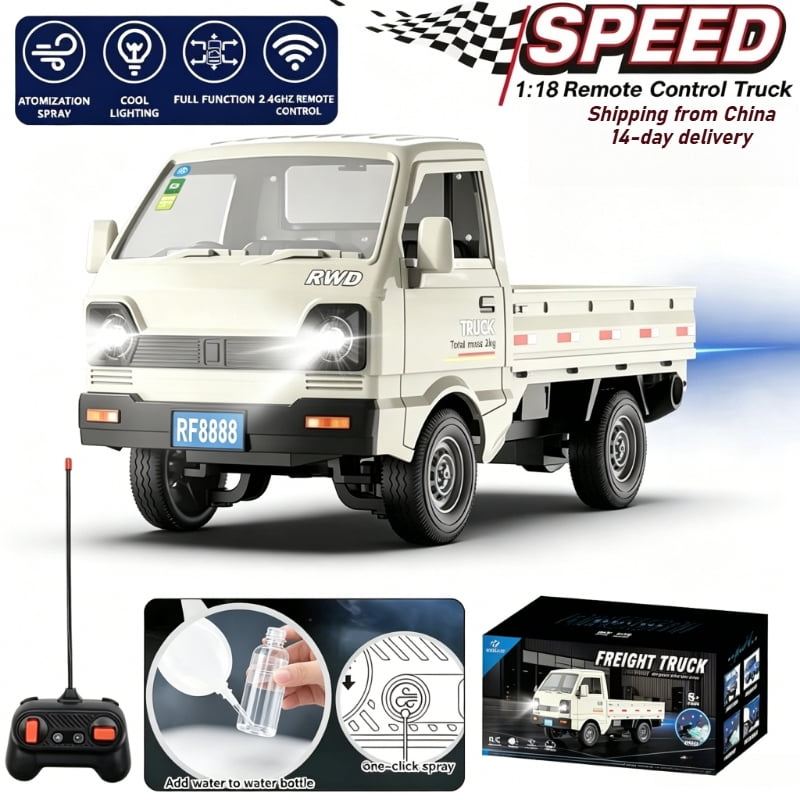 KF31 1:18 Spray Drift Pickup Truck 360° Rotating Stunts Spray Blooming LED Lighting 2.4G Anti-interference Powerful Motor DIY Creative Stickers for Free Placement One-button Demonstration Super Conve