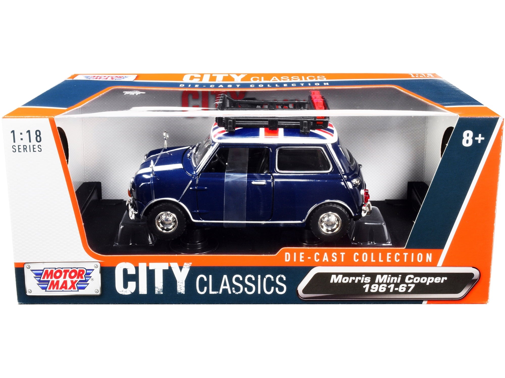 Motormax 1-18 Scale Right Hand Drive 1961-1967 Morris Mini Cooper Classics Diecast Model Car with British Flag on the Top & Roof Rack City, Dark Blue