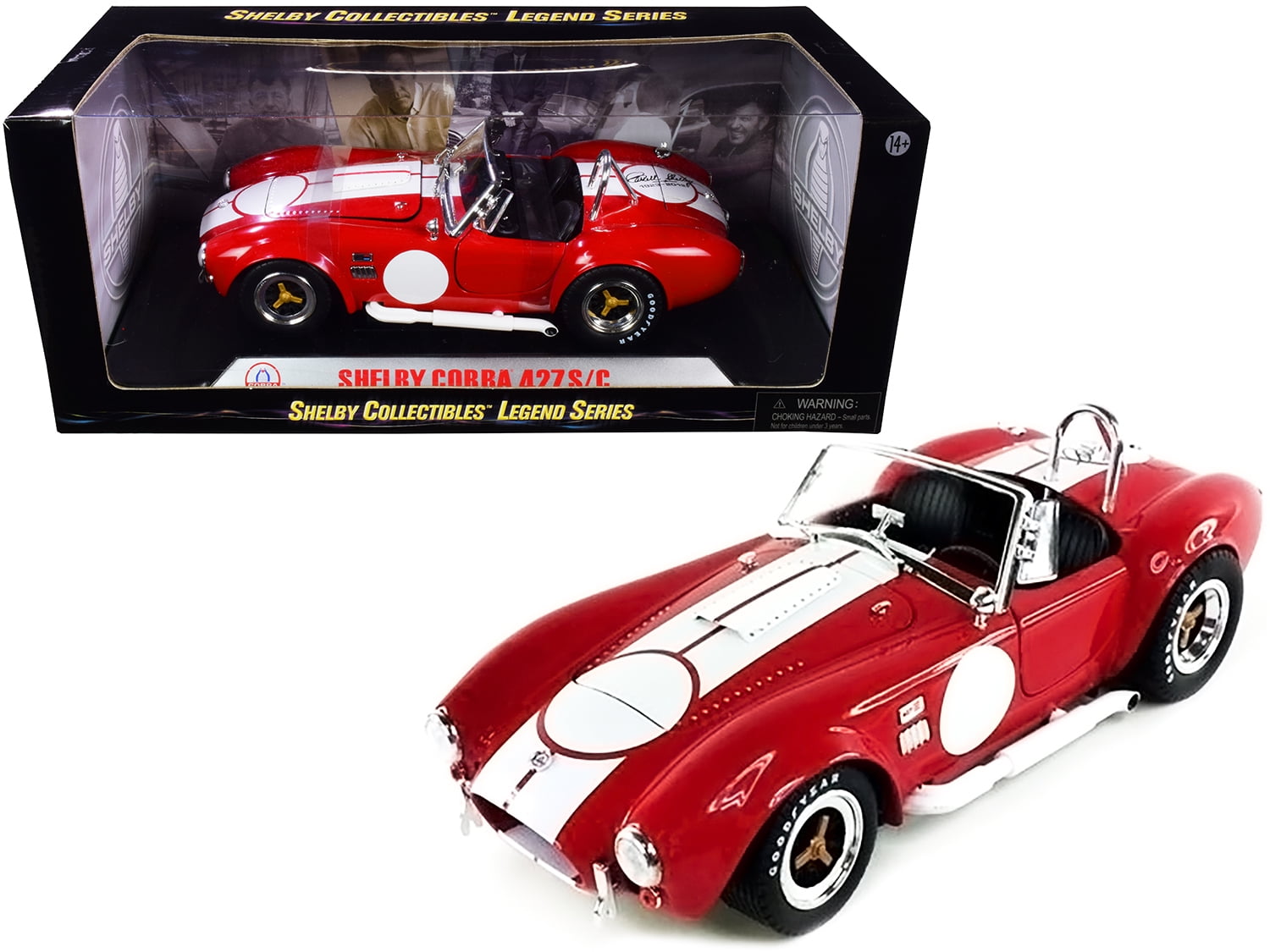 1965 Shelby Cobra 427 S/C Red w/White Stripes w/Printed Carroll Shelby's Signature on the Trunk 1/18 Diecast Shelby Collectibles
