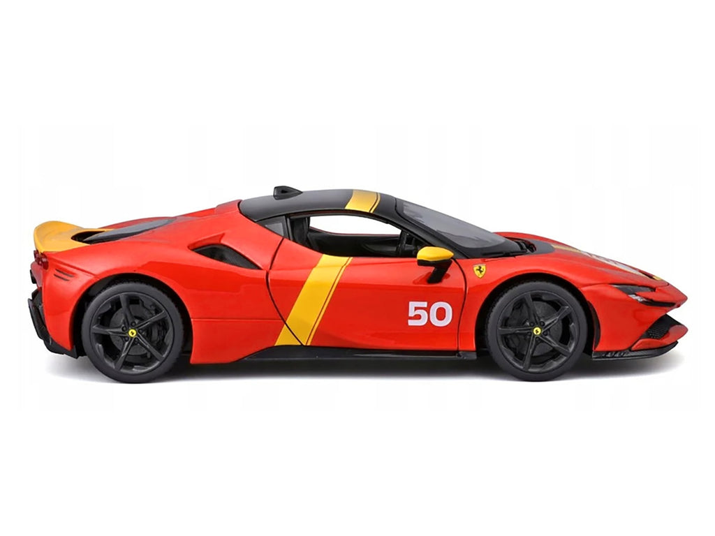 Ferrari SF90 Stradale Assetto Fiorano #50 Red with Black Top and Yellow "Race + Play" Series 1/18 Diecast Model Car by Bburago