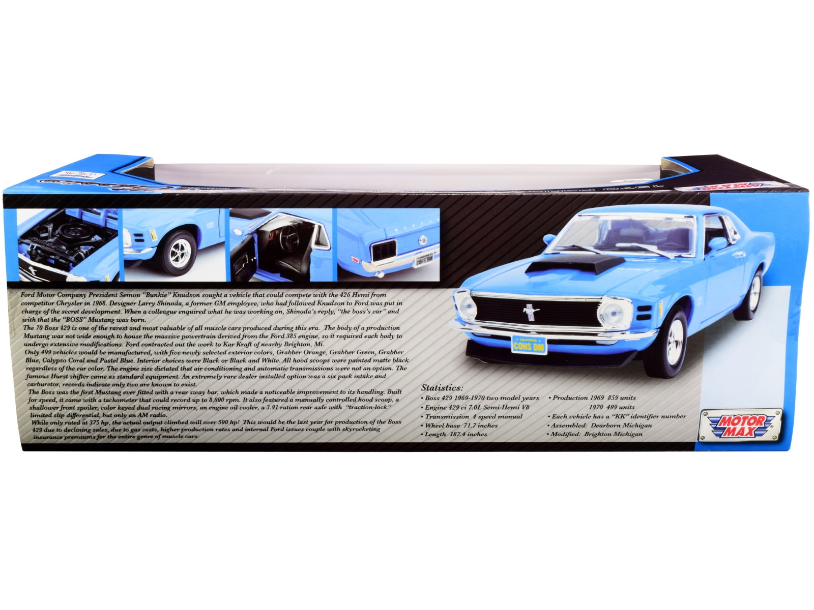 1970 Ford Mustang Boss 429 Dark Blue "Timeless Classics" Series 1/18 Diecast Model Car by Motormax