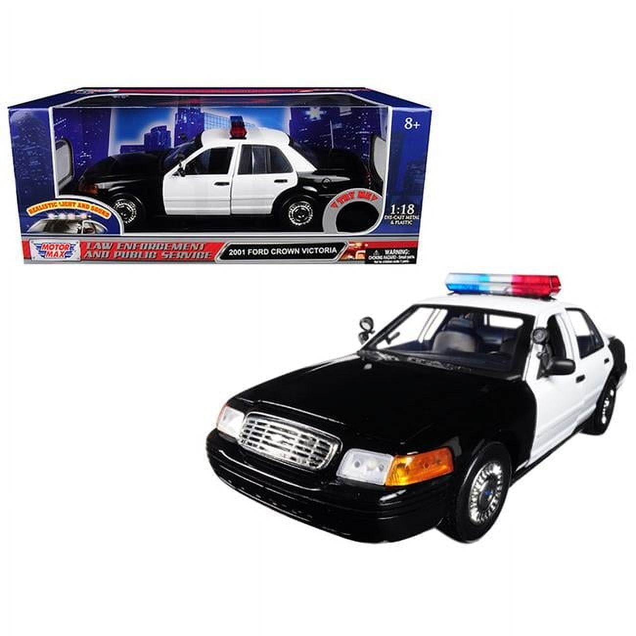 2001 Ford Crown Victoria Police Car Plain Black & White with Flashing Light Bar, Front and Rear Lights and Sound 1/18 Diecast Model Car by Motormax