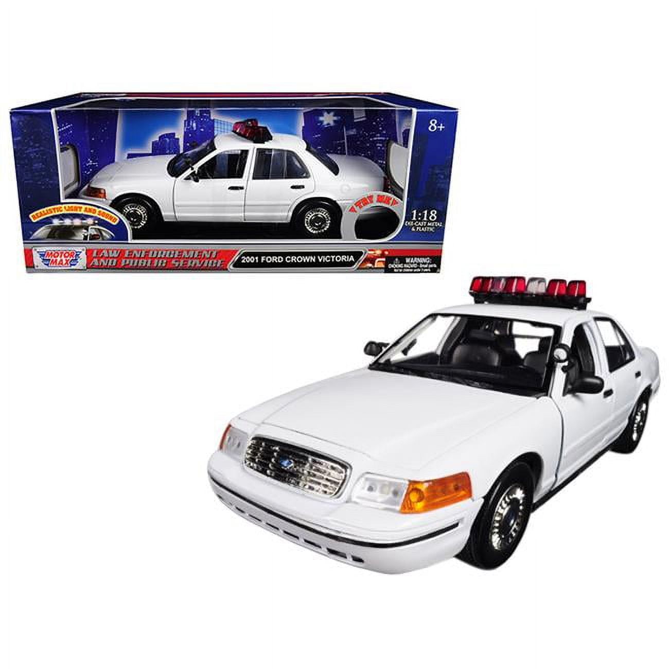 2001 Ford Crown Victoria Police Car Plain Black & White with Flashing Light Bar, Front and Rear Lights and Sound 1/18 Diecast Model Car by Motormax