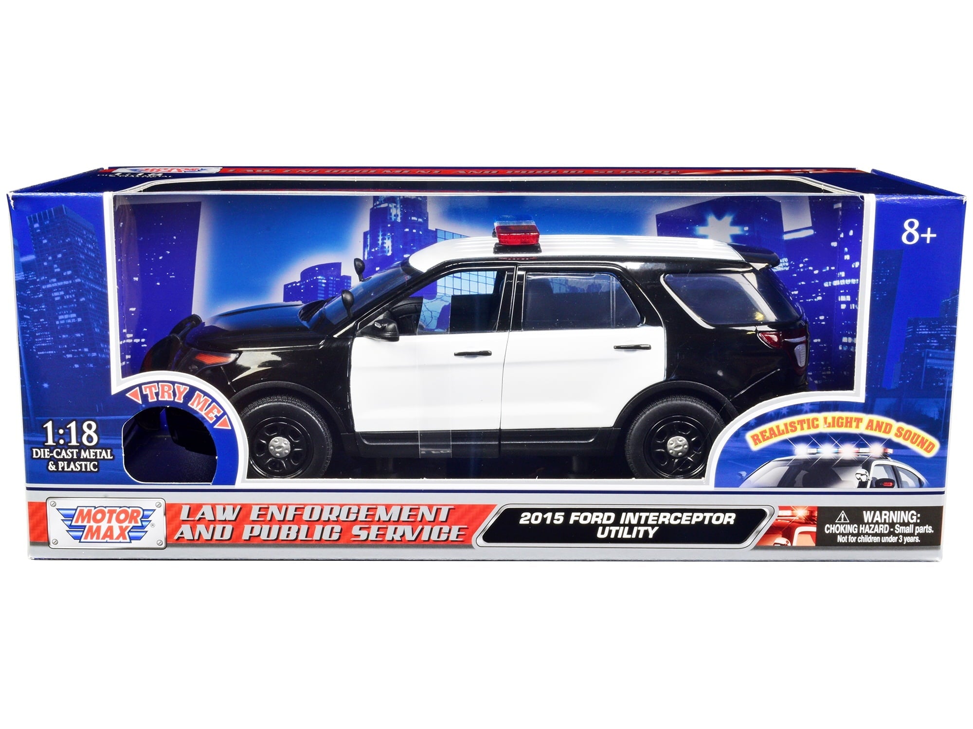 2015 Ford Police Interceptor Utility Black and White with Flashing Light Bar and Front and Rear Lights and 2 Sounds 1/18 Diecast Model Car by Motormax