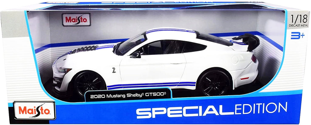 2020 Ford Mustang Shelby GT500 White with Blue Stripes "Special Edition" 1/18 Diecast Model Car by Maisto
