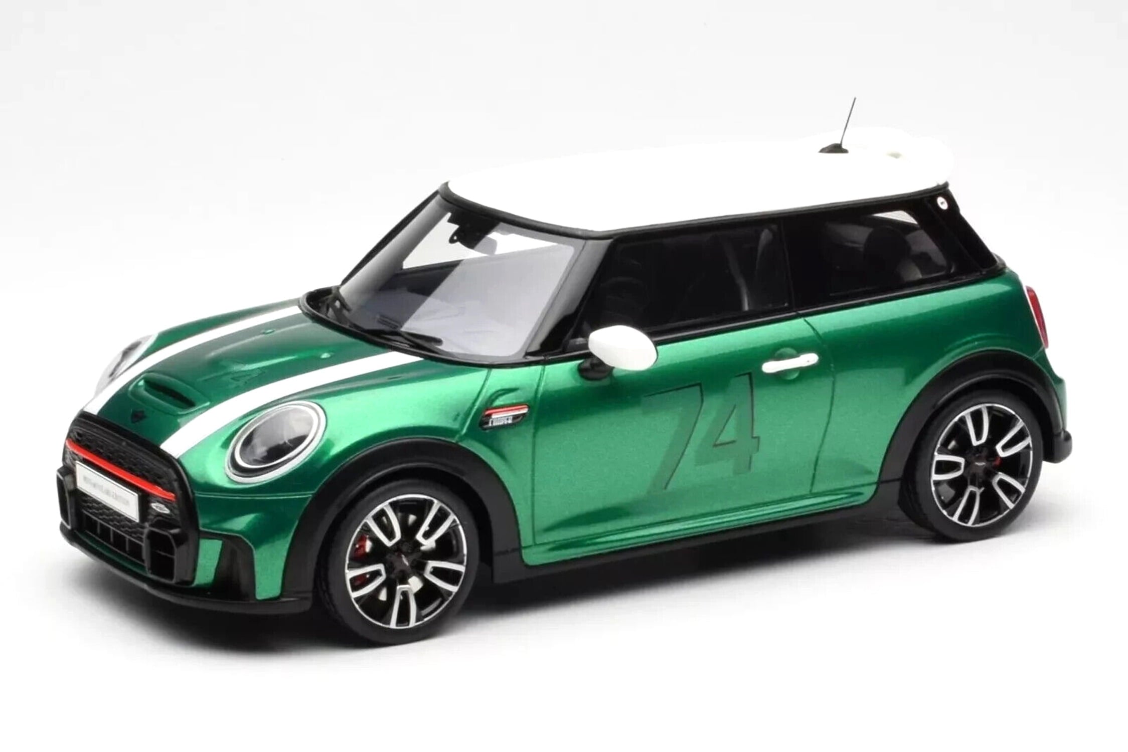 2023 Mini Cooper F56 JCW #74 British Racing Green with White Top and Stripes 1/18 Model Car by Otto Mobile