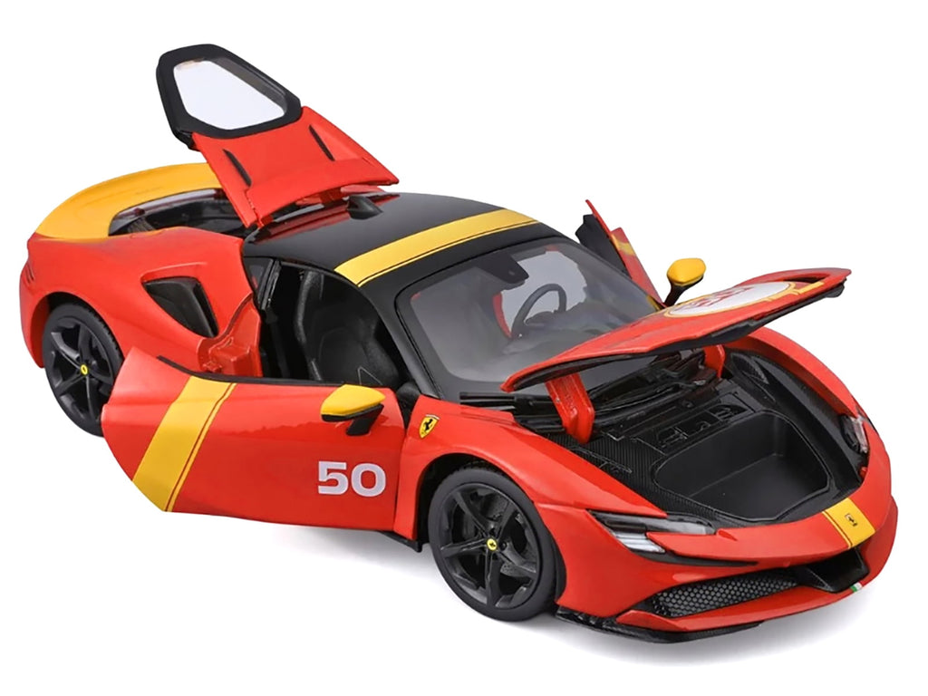 Ferrari SF90 Stradale Assetto Fiorano #50 Red with Black Top and Yellow "Race + Play" Series 1/18 Diecast Model Car by Bburago