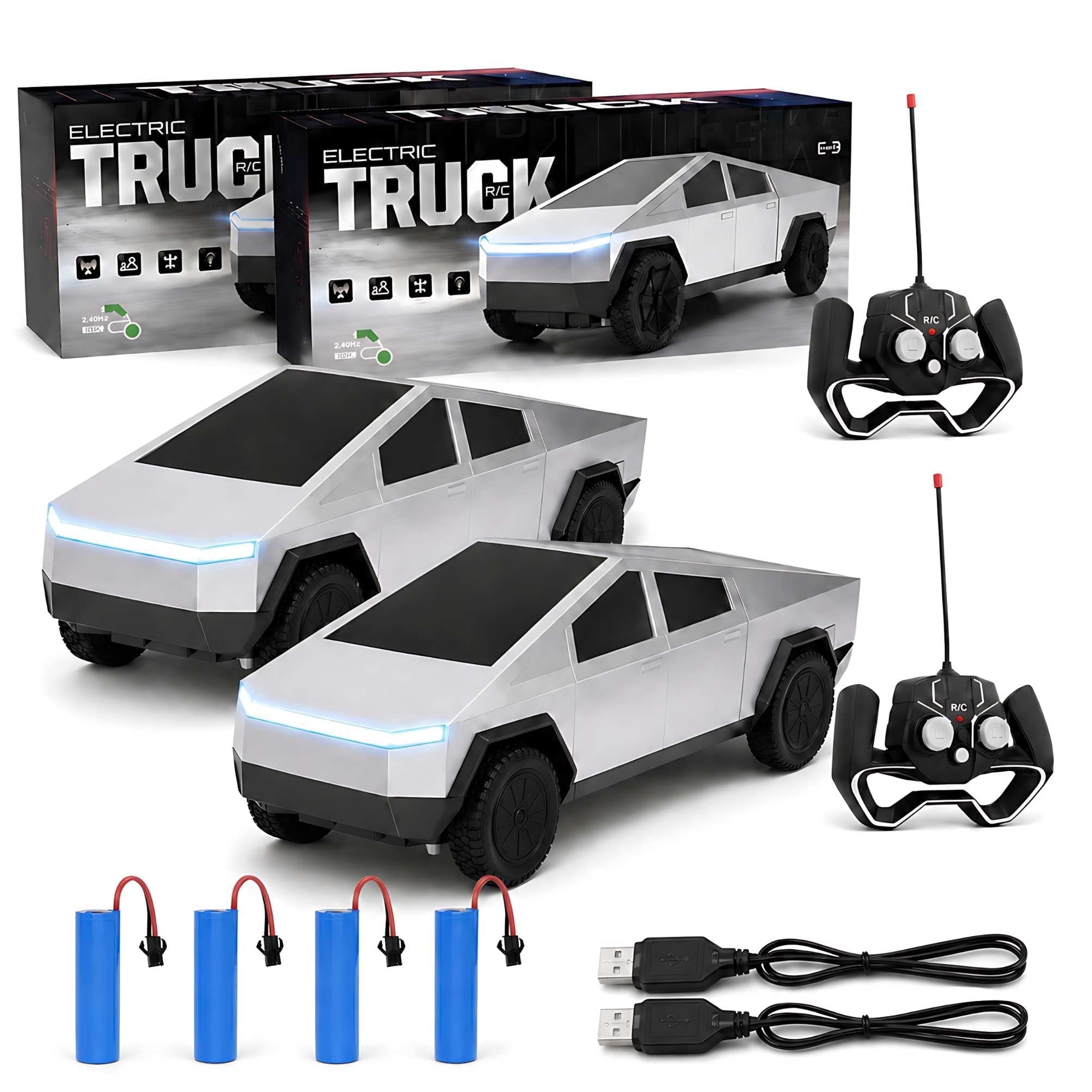 Cybertruck Remote Control Car 1:24 Scale RC Truck with LED Lights and Dual Rechargeable Batteries, Silver Electric Vehicle for Kids