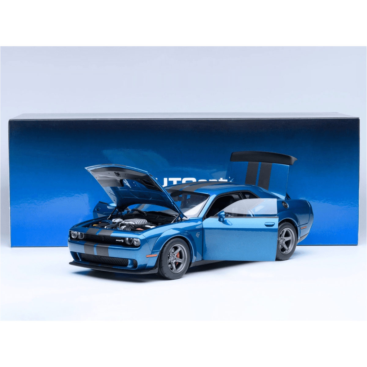 2023 Dodge Challenger SRT Super Stock Frostbite Blue Metallic with Carbon Stripes 1/18 Model Car by Autoart