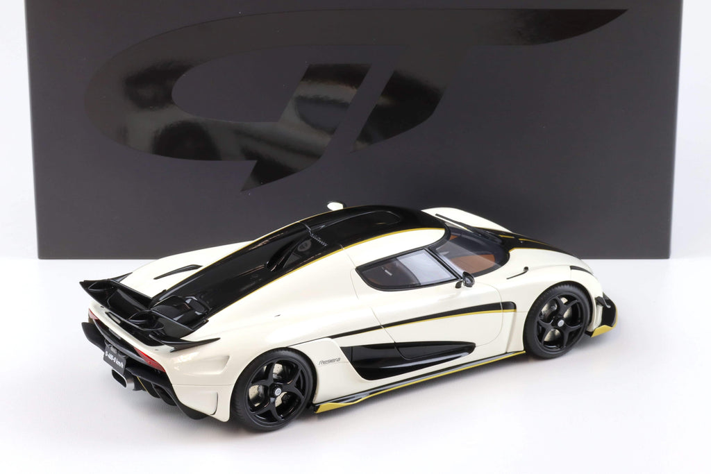 2023 Koenigsegg Regera White with Black Stripes 1/18 Model Car by GT Spirit