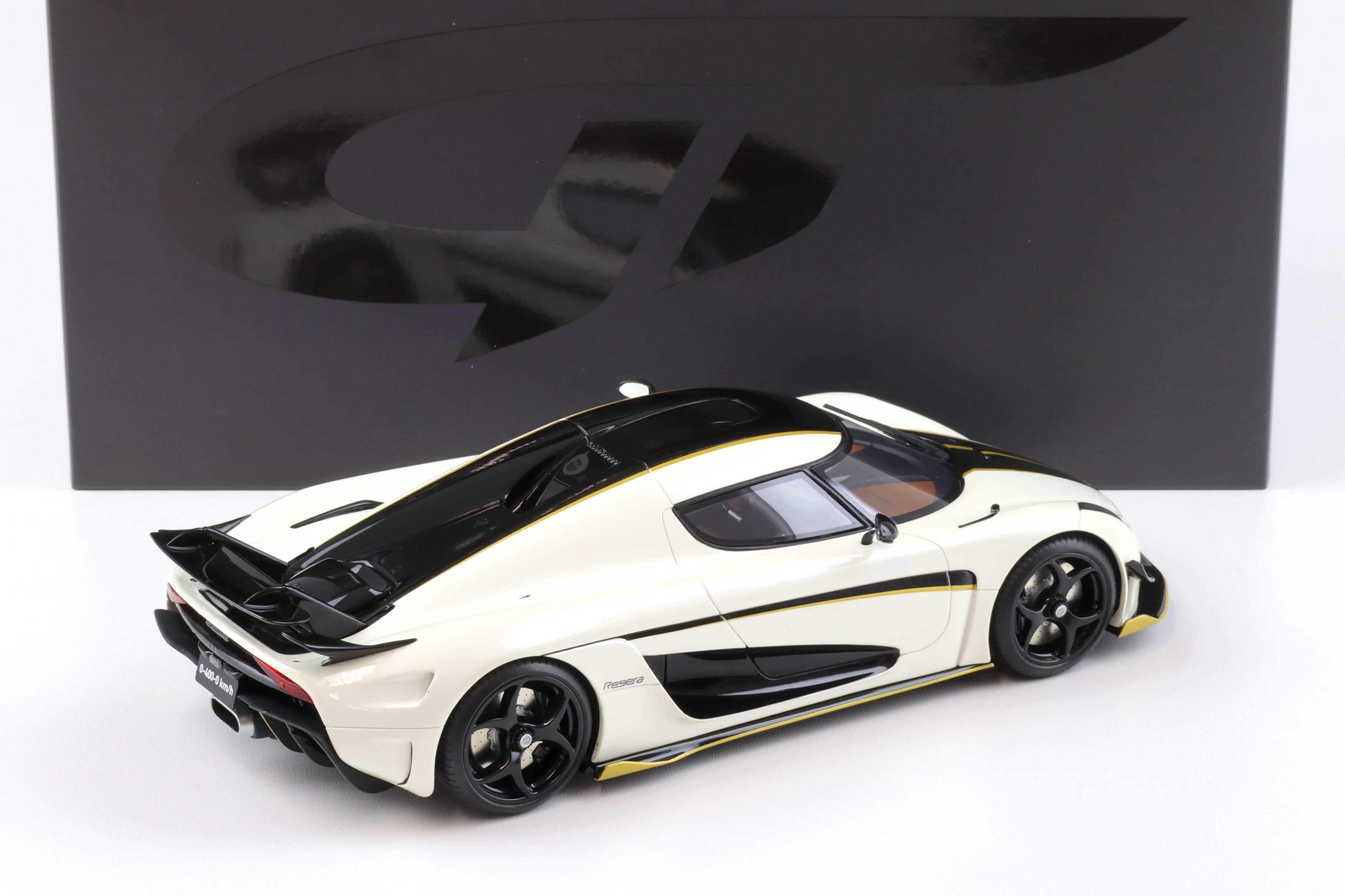 2023 Koenigsegg Regera White with Black Stripes 1/18 Model Car by GT Spirit