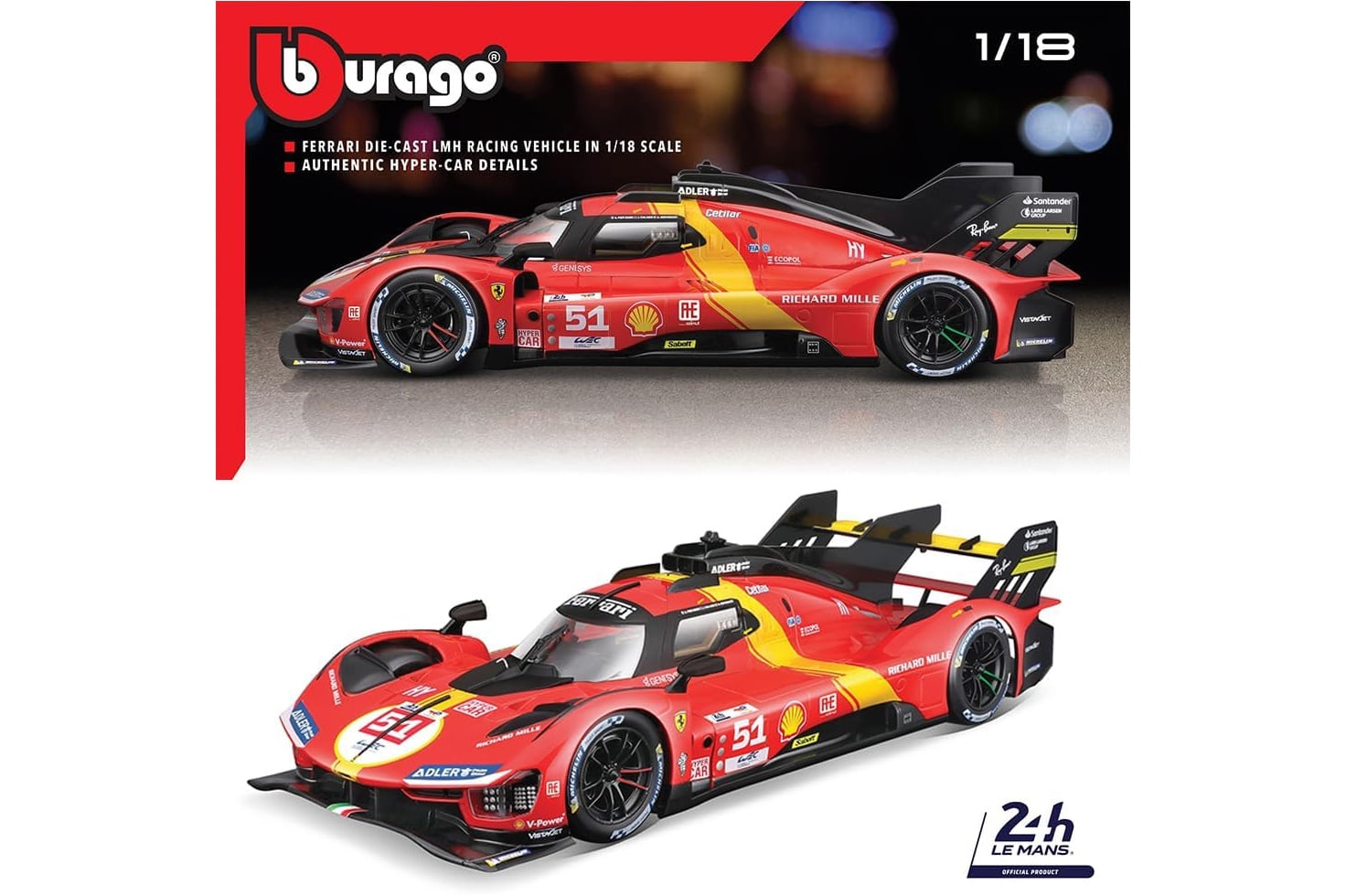 2023 Ferrari 499P #51 James Calado, Red - Bburago 18-16301R - 1/18 Scale Diecast Model Car