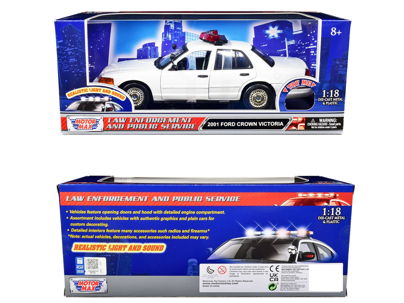 2001 Ford Crown Victoria Police Car Plain Black & White with Flashing Light Bar, Front and Rear Lights and Sound 1/18 Diecast Model Car by Motormax