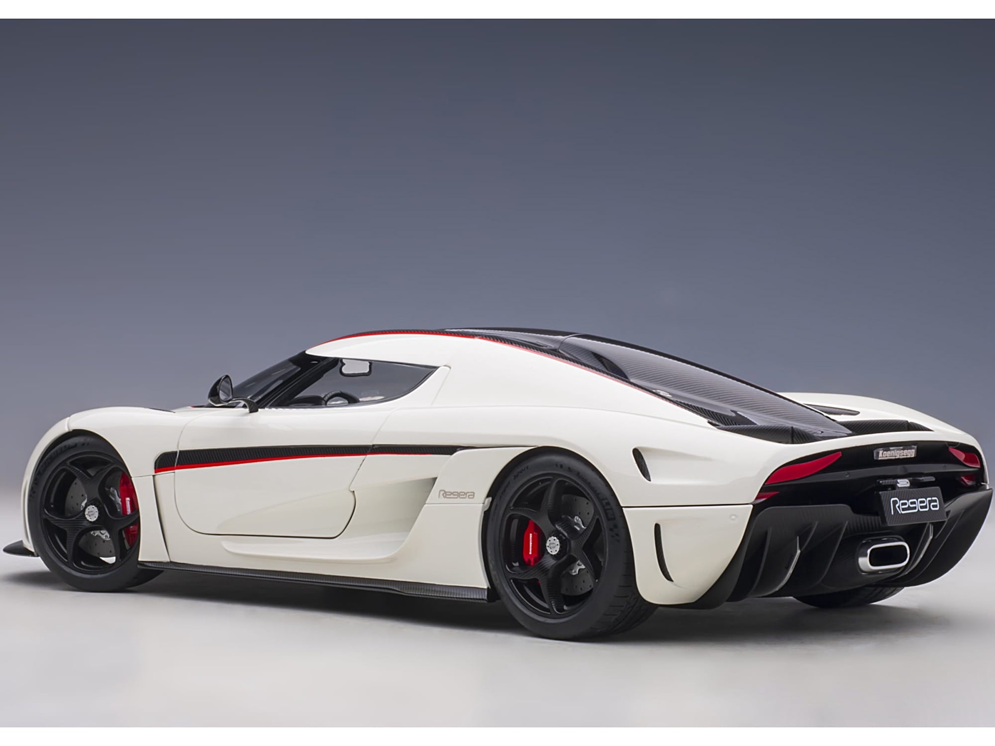 Koenigsegg Regera White with Black Carbon and Red Stripes 1/18 Model Car by Autoart