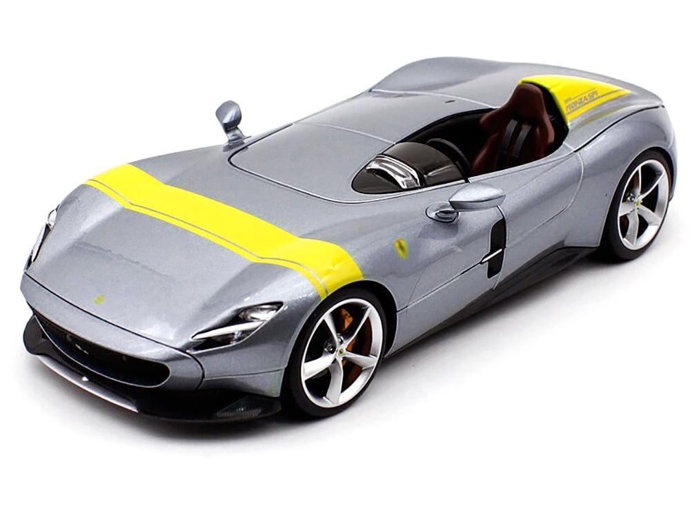 Ferrari Monza SP1 Silver Metallic with Yellow Stripes 1/18 Diecast Model Car by Bburago