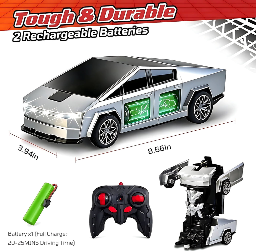 Cyber Truck Pickup Transforming Remote Control Car for Kids, 2.4GHz RC Robot Toy for Boys Age 4-12 with One-Button Deformation and LED Lights