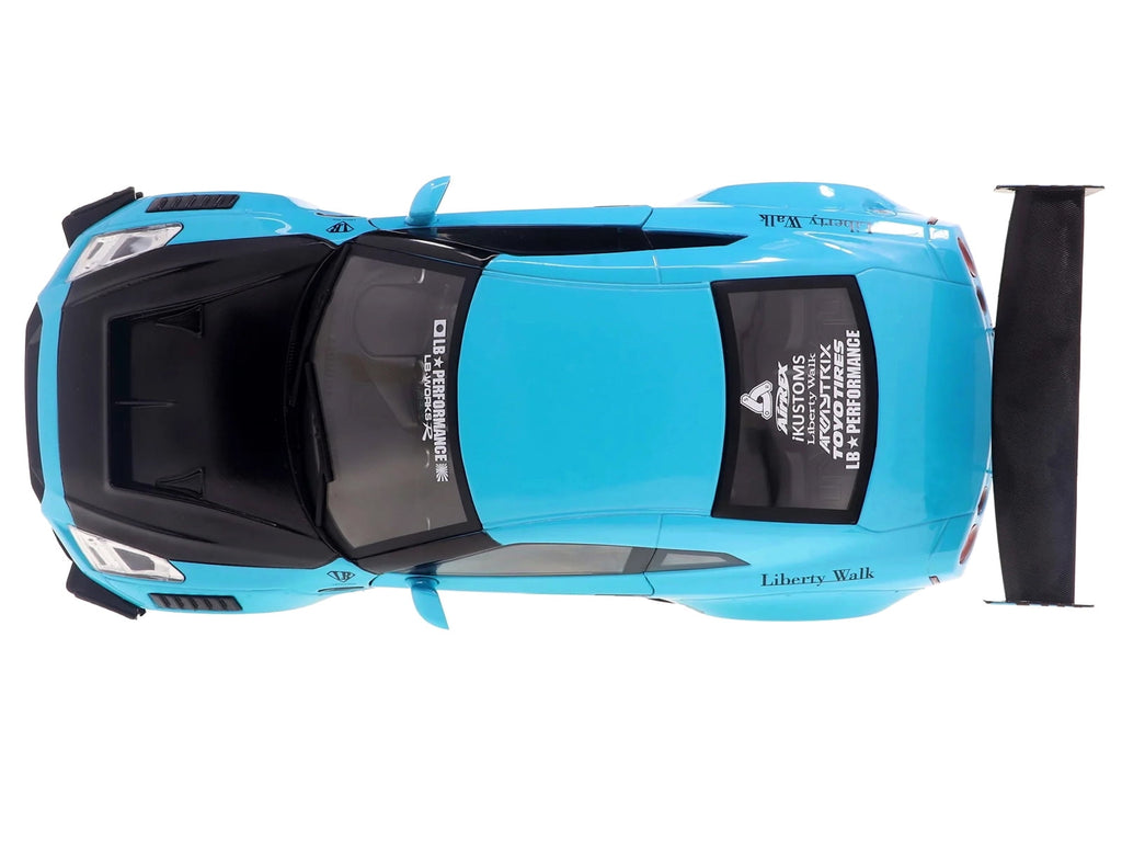 2023 Nissan GT-R (R35) Liberty Walk Body Kit 2.0 RHD Baby Blue with Carbon Hood 1/18 Diecast Model Car by Solido