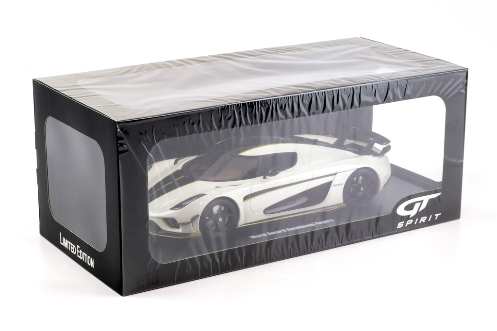 2023 Koenigsegg Regera White with Black Stripes 1/18 Model Car by GT Spirit