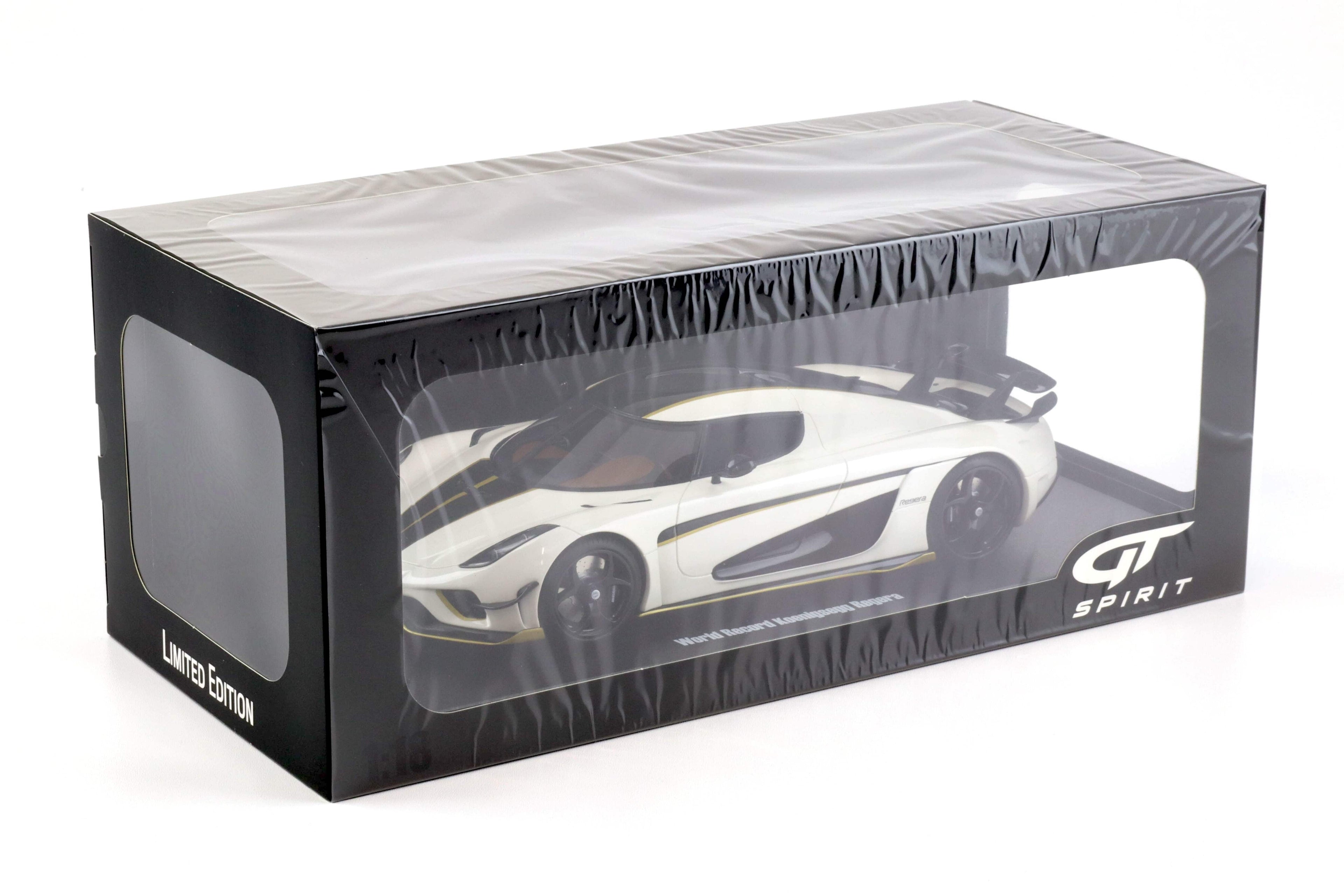 2023 Koenigsegg Regera White with Black Stripes 1/18 Model Car by GT Spirit
