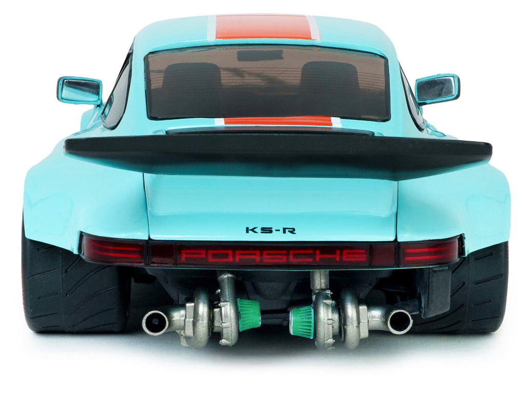 2025 Porsche 911 KS-R by Khyzyl Saleem "Blue Racer" Light Blue with Orange Stripes 1/18 Diecast Model Car by Solido