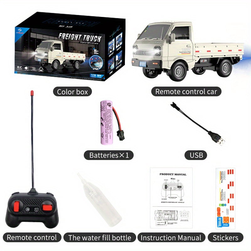 KF31 1:18 Spray Drift Pickup Truck 360° Rotating Stunts Spray Blooming LED Lighting 2.4G Anti-interference Powerful Motor DIY Creative Stickers for Free Placement One-button Demonstration Super Conve