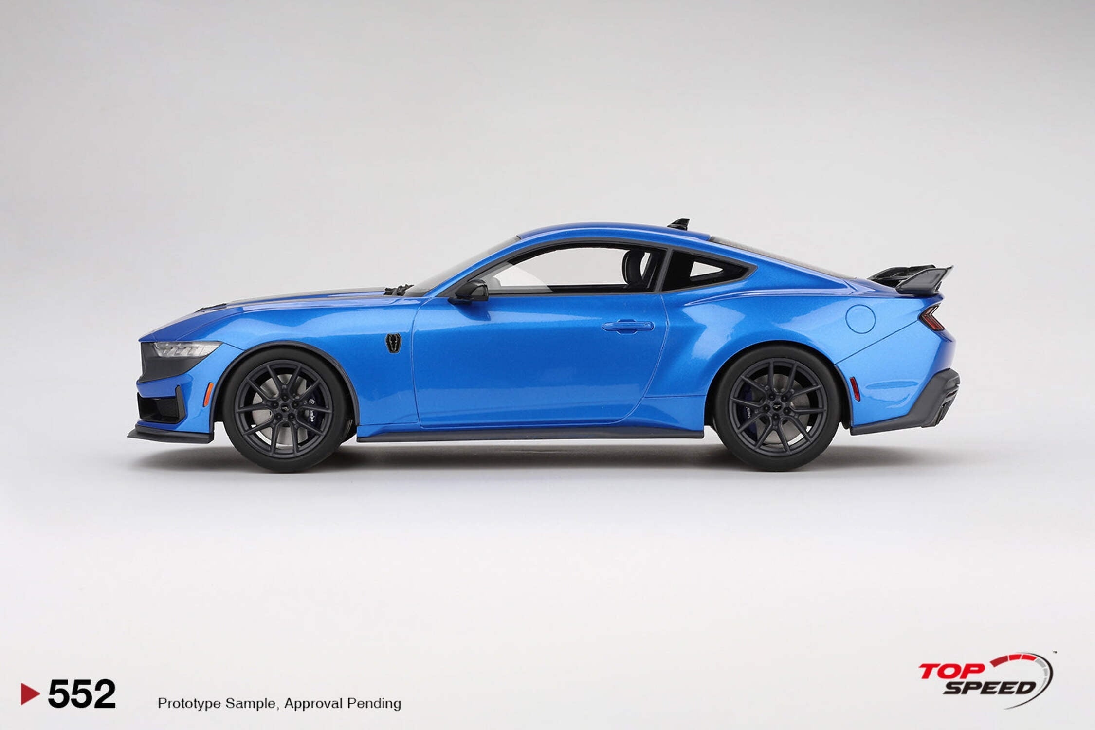 2024 Ford Mustang Dark Horse Grabber Blue Metallic with Black Hood Stripes 1/18 Model Car by Top Speed
