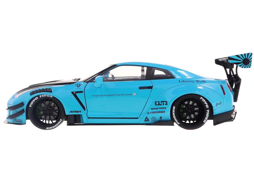 2023 Nissan GT-R (R35) Liberty Walk Body Kit 2.0 RHD Baby Blue with Carbon Hood 1/18 Diecast Model Car by Solido