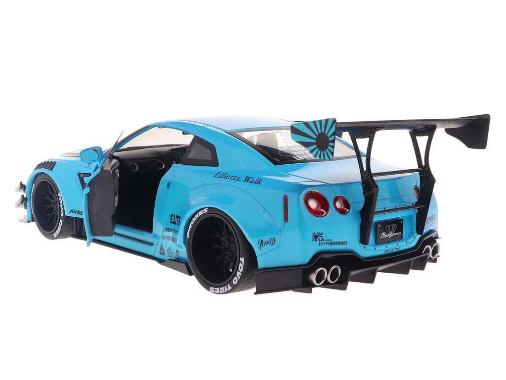 2023 Nissan GT-R (R35) Liberty Walk Body Kit 2.0 RHD Baby Blue with Carbon Hood 1/18 Diecast Model Car by Solido