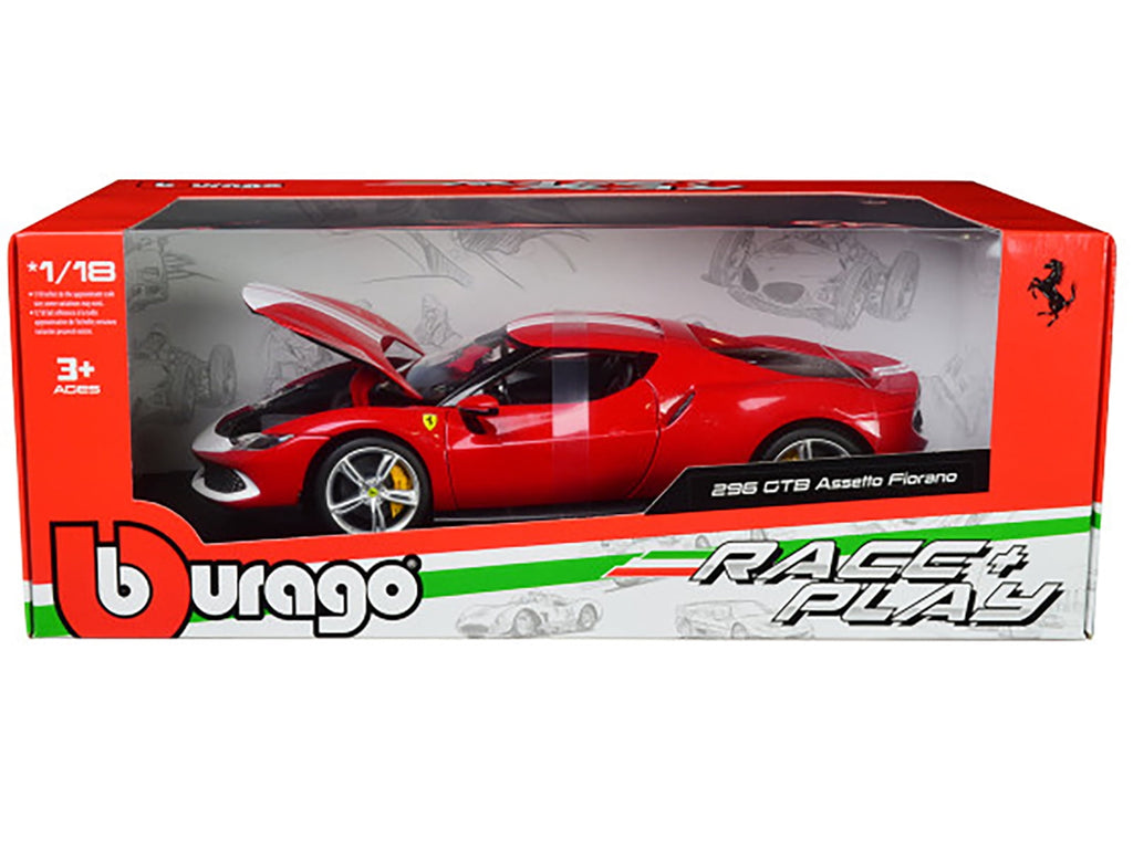 Ferrari 296 GTB Assetto Fiorano Red with White Stripes "Race + Play" Series 1/18 Diecast Model Car by Bburago