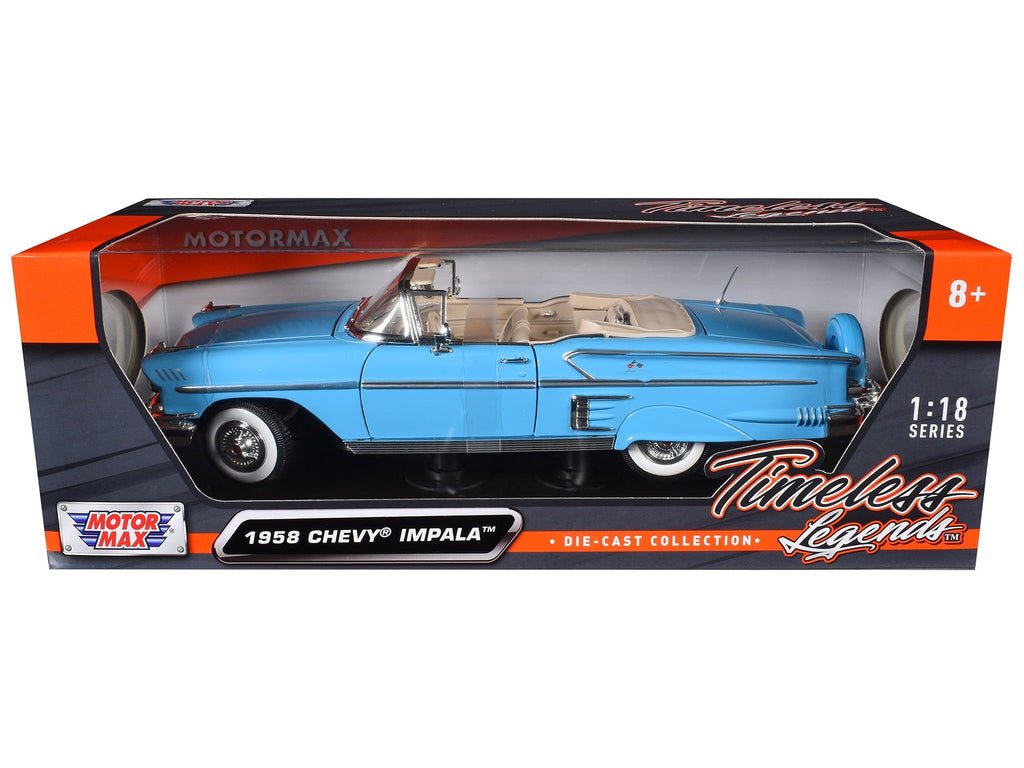 1958 Chevrolet Impala Convertible Light Blue "Timeless Classics" 1/18 Diecast Model Car by Motormax