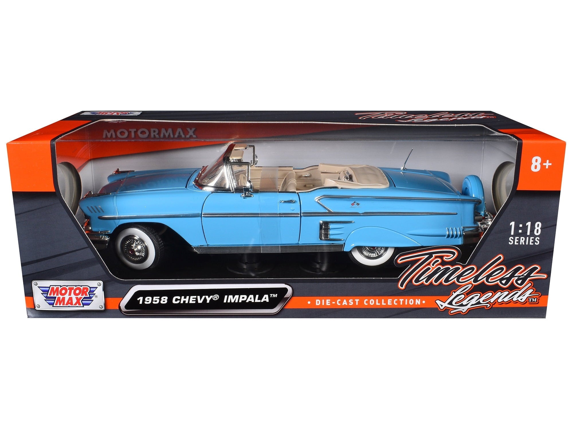 1958 Chevrolet Impala Convertible Light Blue "Timeless Classics" 1/18 Diecast Model Car by Motormax