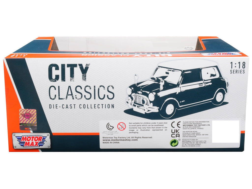 Motormax 1-18 Scale Right Hand Drive 1961-1967 Morris Mini Cooper Classics Diecast Model Car with British Flag on the Top & Roof Rack City, Dark Blue
