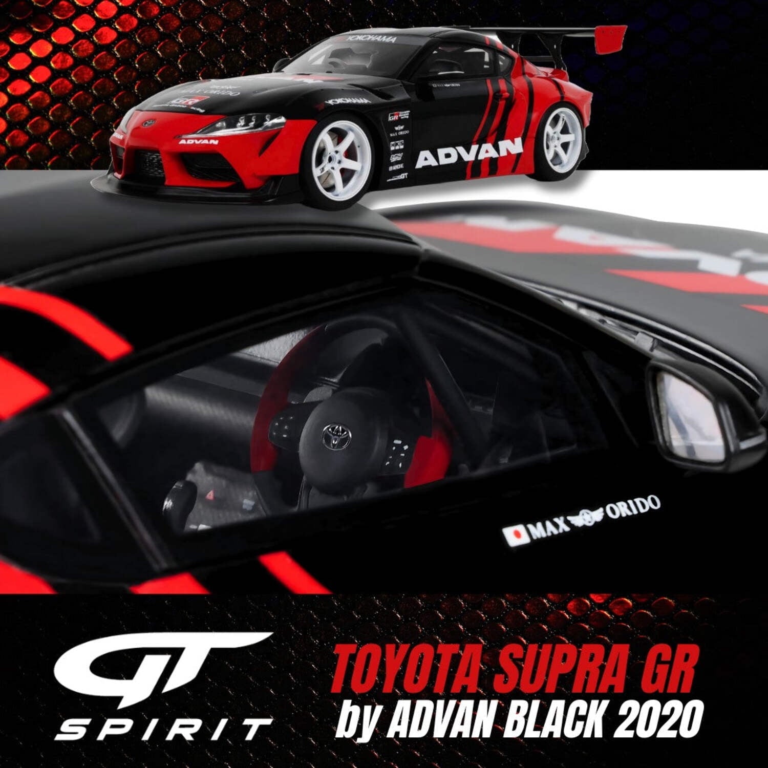 2020 Toyota Supra GR RHD (Right Hand Drive) "Advan" Black and Red 1/18 Model Car by GT Spirit