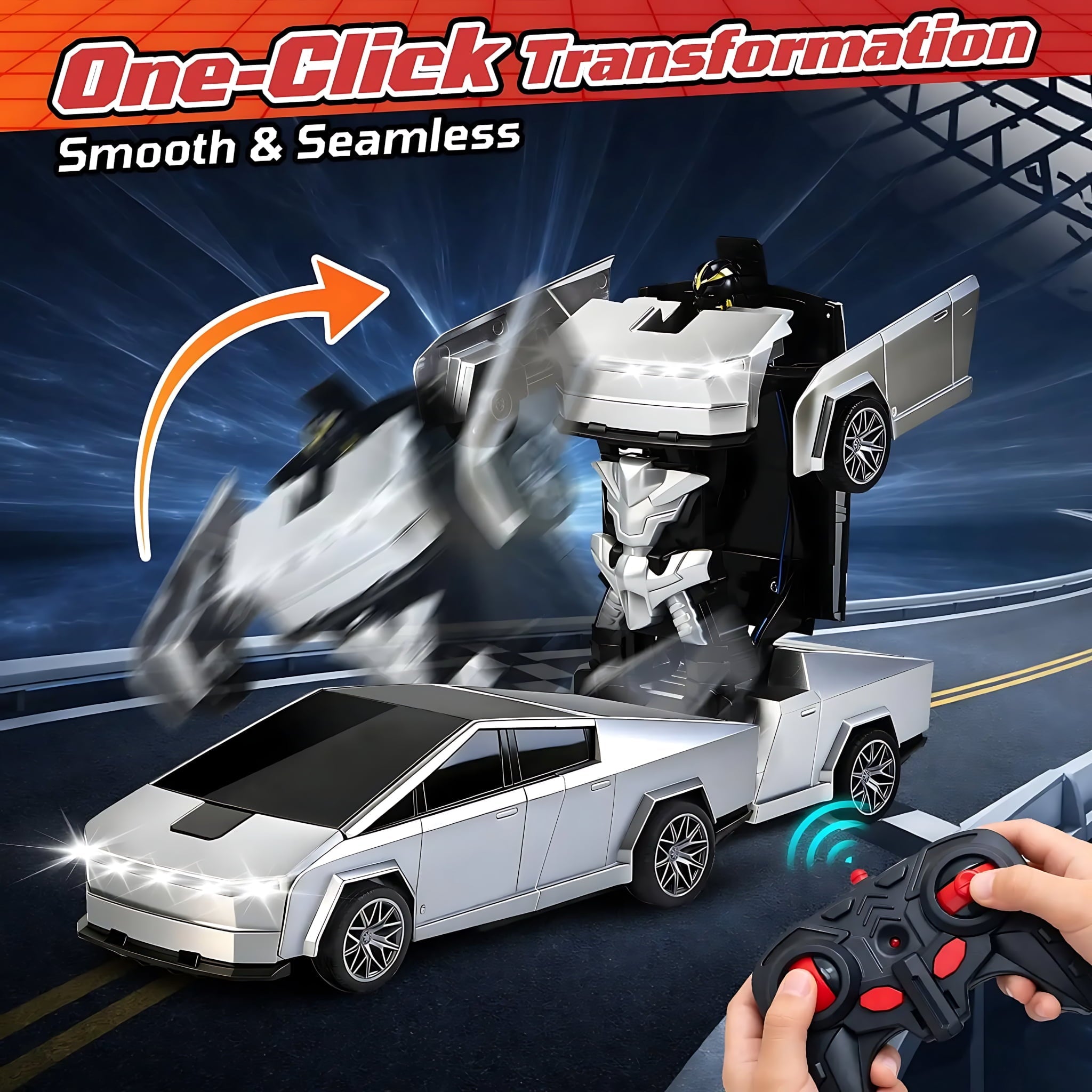 Cyber Truck Pickup Transforming Remote Control Car for Kids, 2.4GHz RC Robot Toy for Boys Age 4-12 with One-Button Deformation and LED Lights