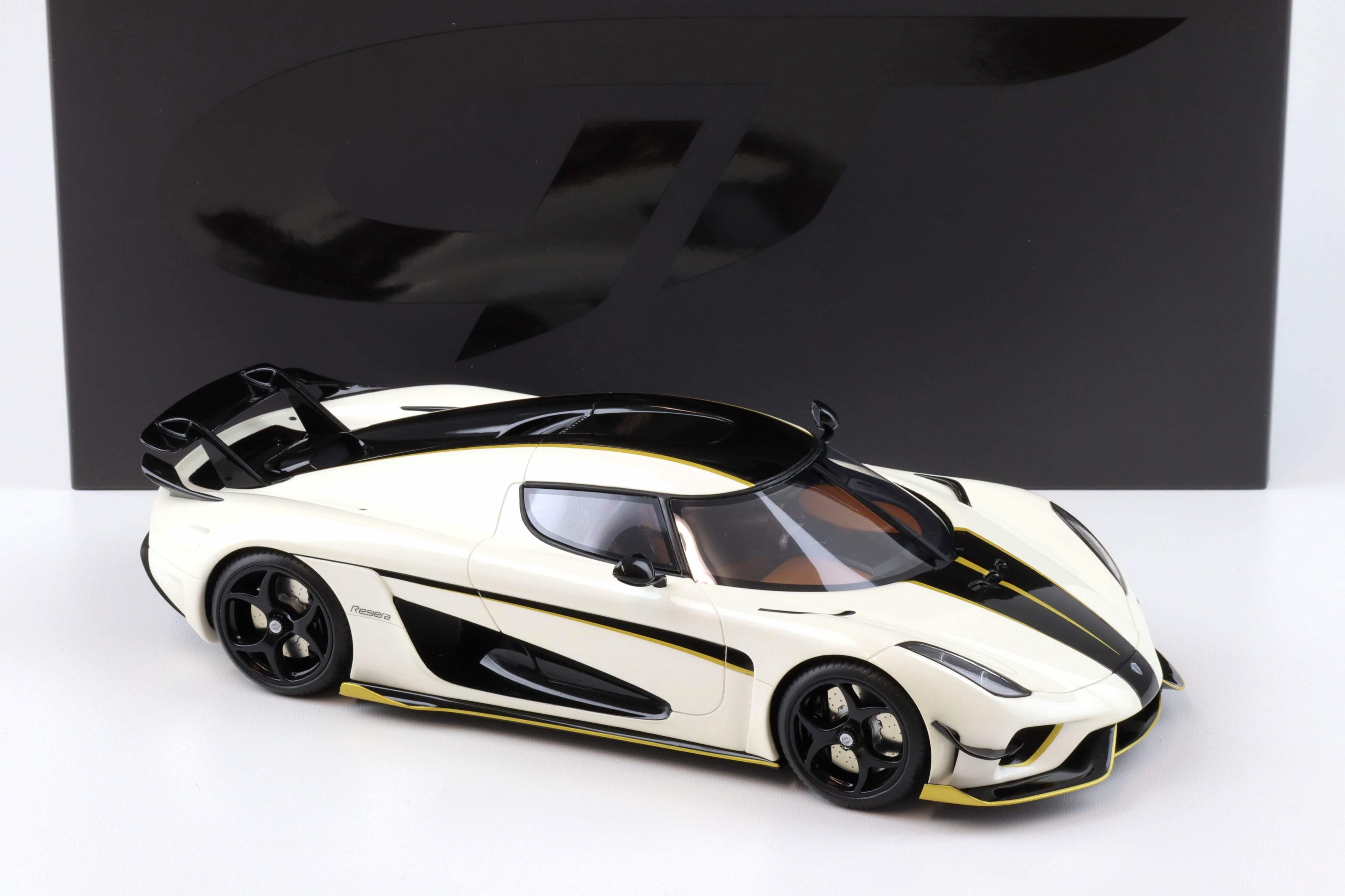 2023 Koenigsegg Regera White with Black Stripes 1/18 Model Car by GT Spirit