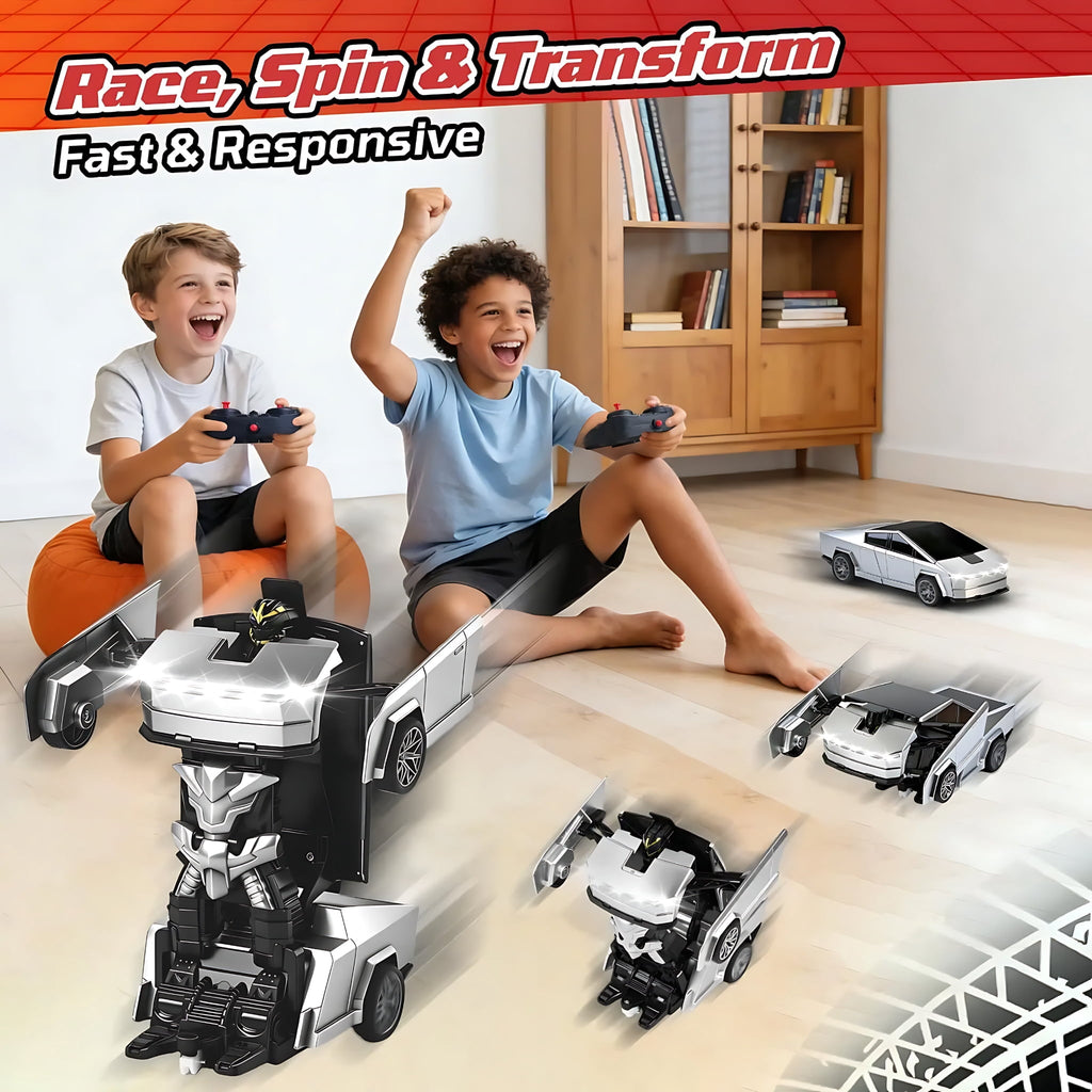 Cyber Truck Pickup Transforming Remote Control Car for Kids, 2.4GHz RC Robot Toy for Boys Age 4-12 with One-Button Deformation and LED Lights