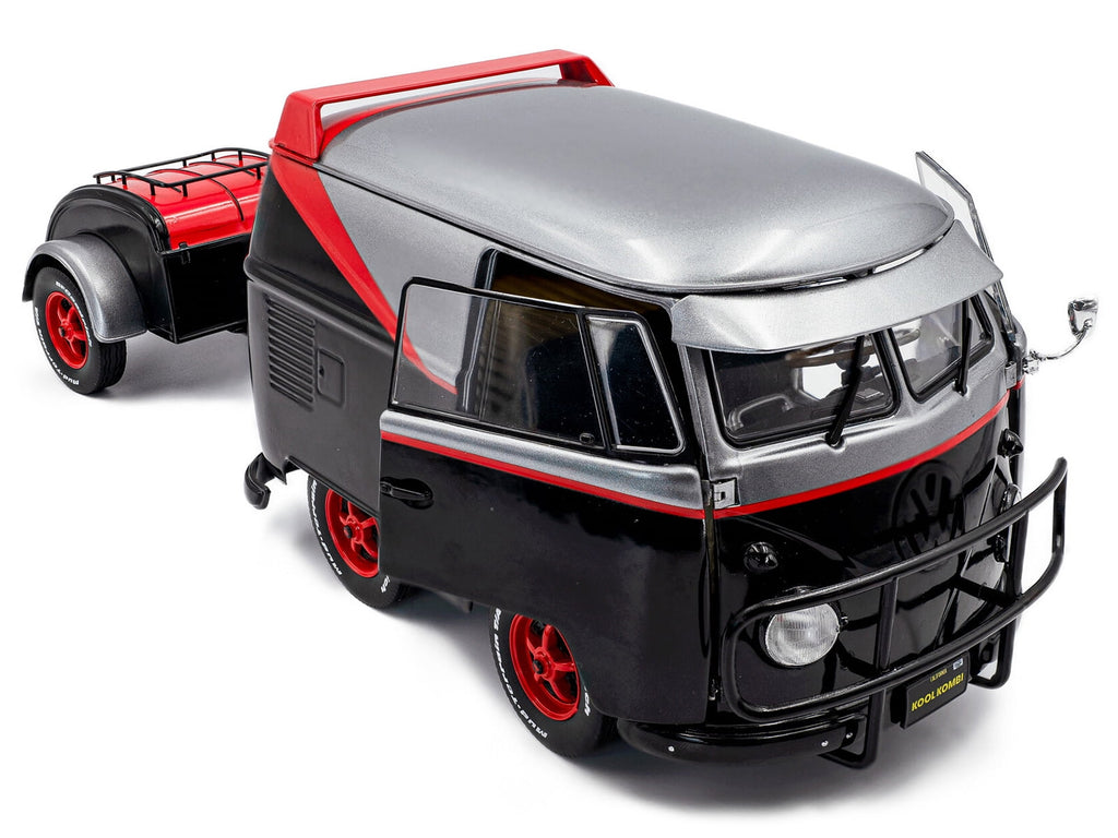 2024 Volkswagen Kool Kombi Sport Van with Trailer Black and Silver with Red Stripe 1/18 Diecast Model Car by Solido