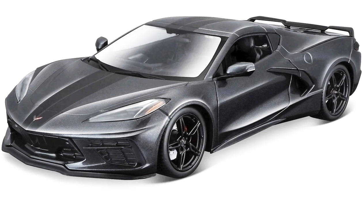 2020 Chevrolet Corvette Stingray C8 Dark Gray Metallic with Racing Stripes 1/18 Diecast Model Car by Maisto
