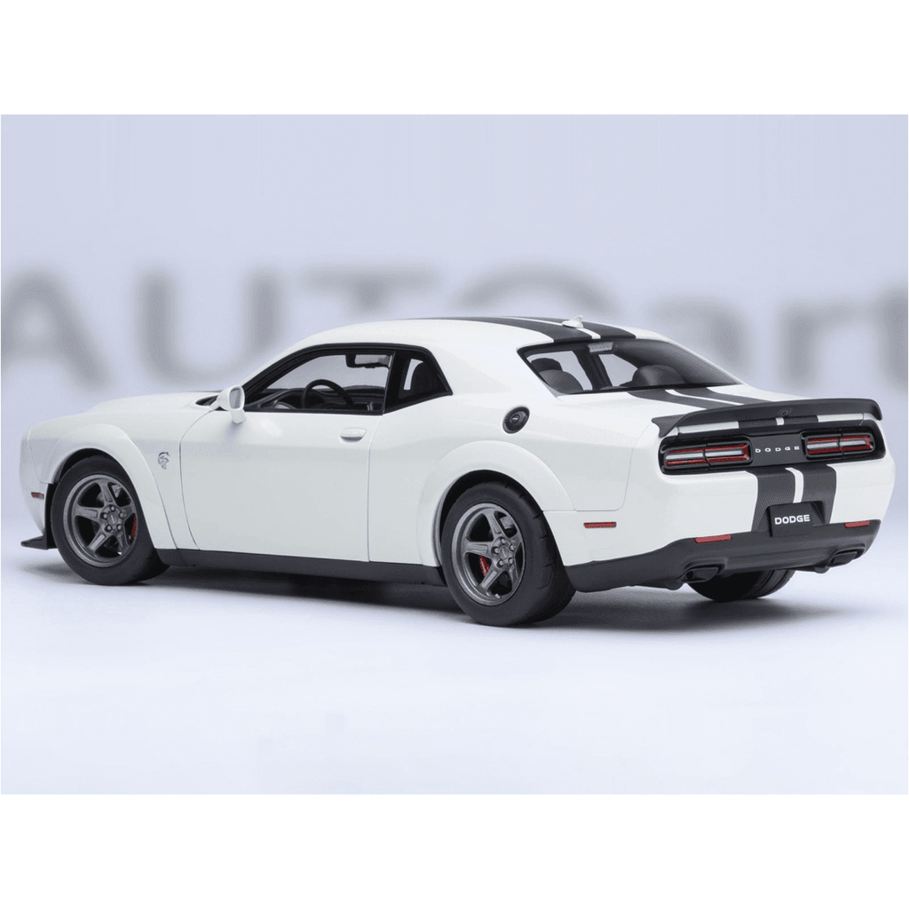 2023 Dodge Challenger SRT Super Stock Knuckle White with Carbon Stripes 1/18 Model Car by Autoart