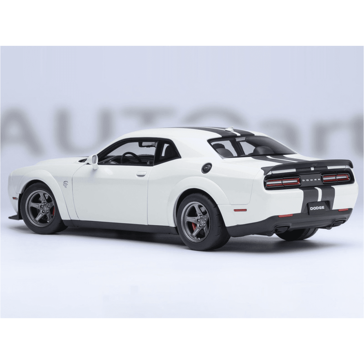 2023 Dodge Challenger SRT Super Stock Knuckle White with Carbon Stripes 1/18 Model Car by Autoart
