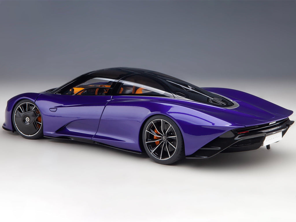 McLaren Speedtail Lantana Purple Metallic with Black Top and Yellow Interior and Suitcase Accessories 1/18 Model Car by Autoart