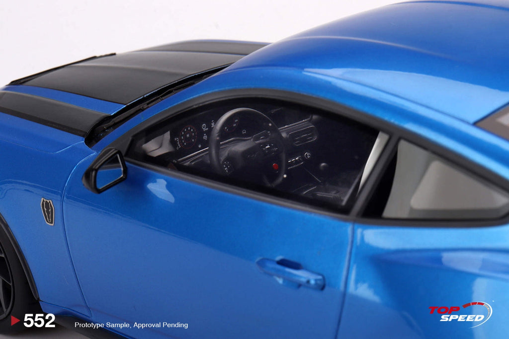 2024 Ford Mustang Dark Horse Grabber Blue Metallic with Black Hood Stripes 1/18 Model Car by Top Speed