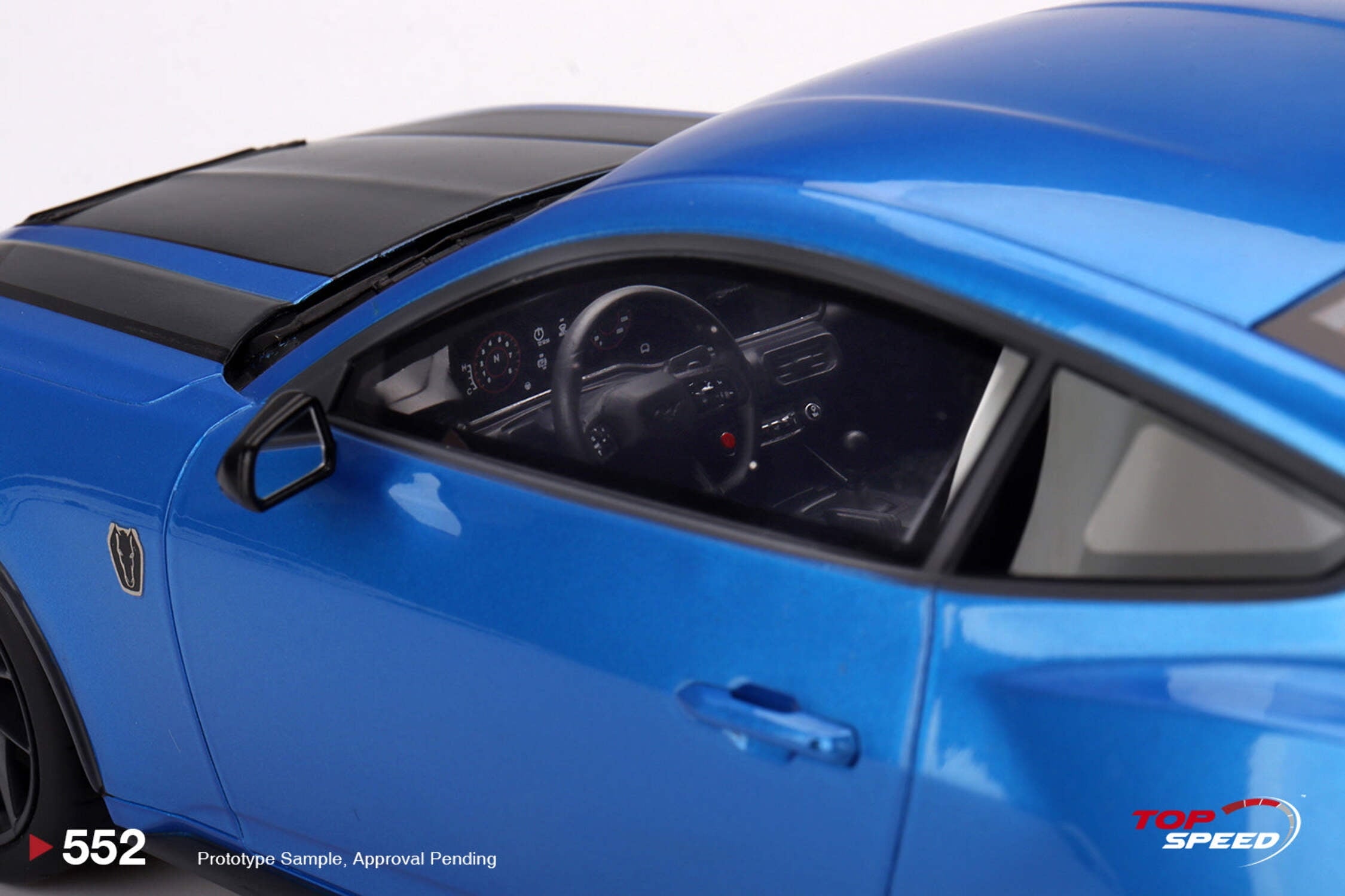 2024 Ford Mustang Dark Horse Grabber Blue Metallic with Black Hood Stripes 1/18 Model Car by Top Speed
